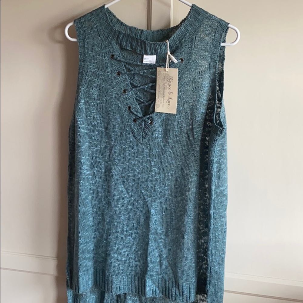 NWT Grace & Lace sleeveless lace up sweater